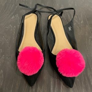 ASOS Pink Pom Black Flats Sling-backs size 8